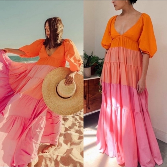 Staud meadow rainbow colorblock multicolor v neck short sleeve tiered maxi dress - Picture 2 of 6